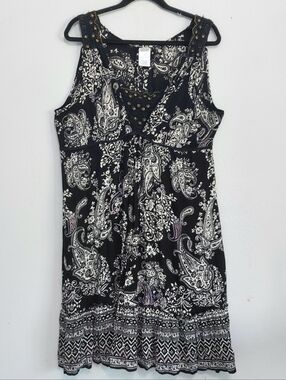 Forbidden Paisley Crochet Detail Boho Sleeveless Knee Length Black Dress XL